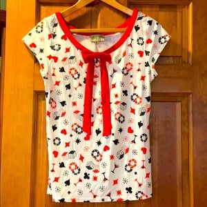 High roller casino print bow blouse NWOT